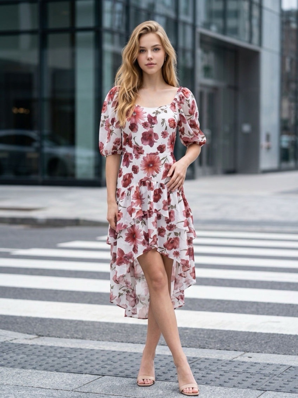 The Kooples Rose Floral High-Low Puff Sleeve Dress
